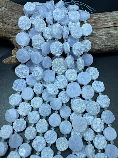 AAA Natural Blue Lace Agate Matte Druzy Gemstone Bead, Graduated Oval Shape, Natural Blue Color Blue Lace Agate Gemstone Bead 15.5"