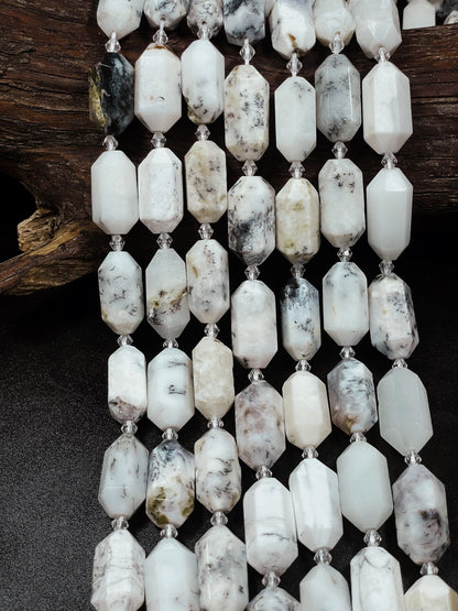 Natural White Opal Gemstone Bead Faceted 13x27mm Barrel Shape, Gorgeous Natural White Color w/ Black Points, 15.5" Strand