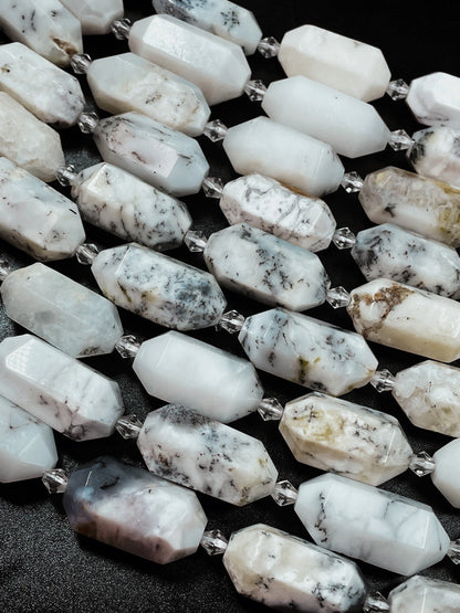 Natural White Opal Gemstone Bead Faceted 13x27mm Barrel Shape, Gorgeous Natural White Color w/ Black Points, 15.5" Strand