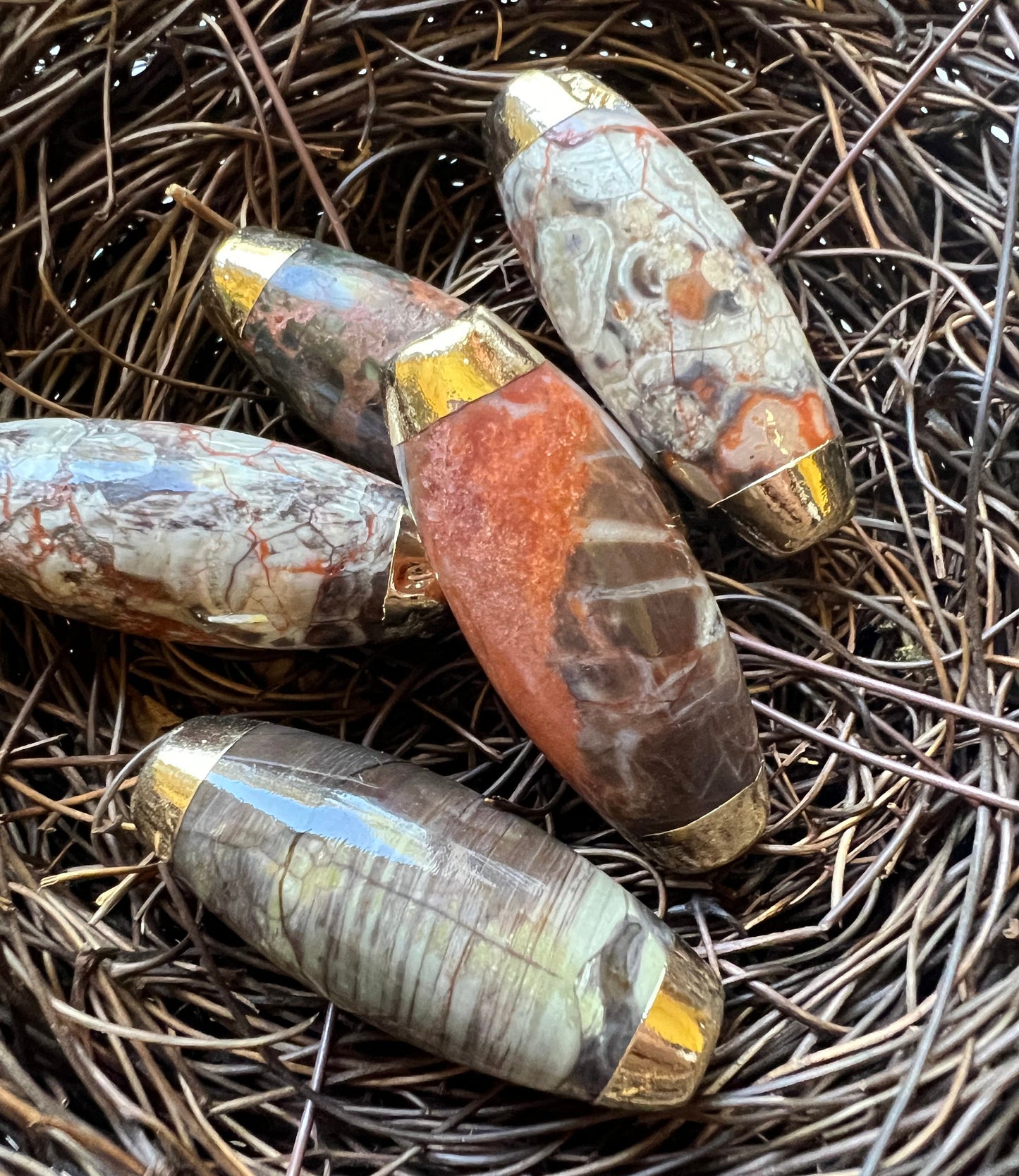 AAA Mushroom Jasper Gemstone Bead. 15x42mm Barrel Shape. Gold Fill Edge. Beautiful Brown Orange Color. Great for Jewelry Making!