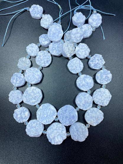 AAA Natural Blue Lace Agate Matte Druzy Gemstone Bead, Graduated Oval Shape, Natural Blue Color Blue Lace Agate Gemstone Bead 15.5"