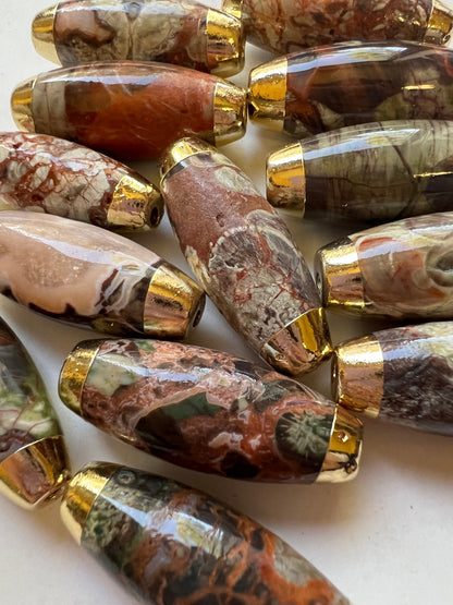 AAA Mushroom Jasper Gemstone Bead. 15x42mm Barrel Shape. Gold Fill Edge. Beautiful Brown Orange Color. Great for Jewelry Making!