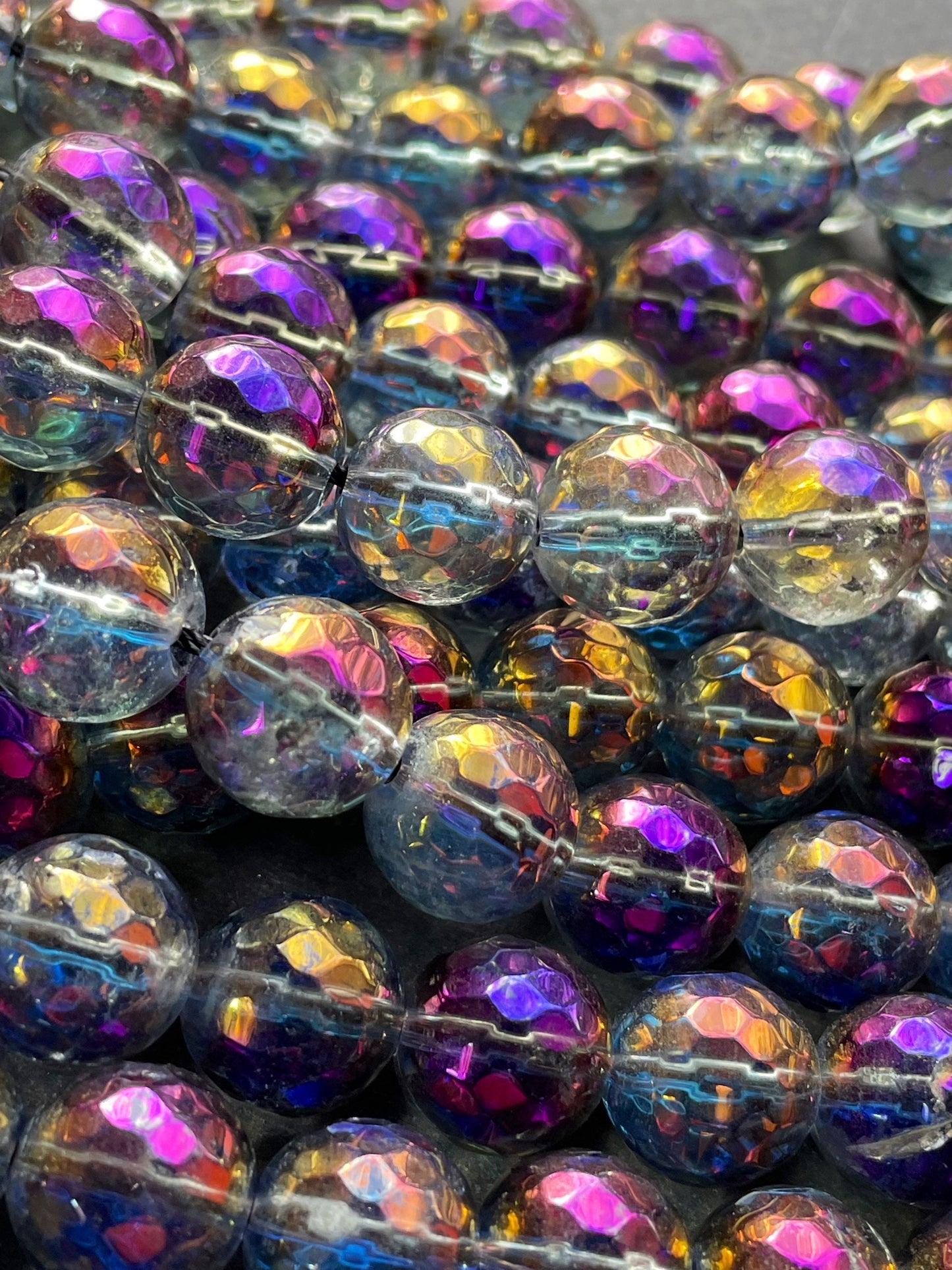 Rainbow Mystic Galaxy Quartz Crystal Gemstone Bead Faceted 6mm 8mm 10mm Round Bead, Gorgeous Purple Clear Rainbow Color Full Strand 15.5"