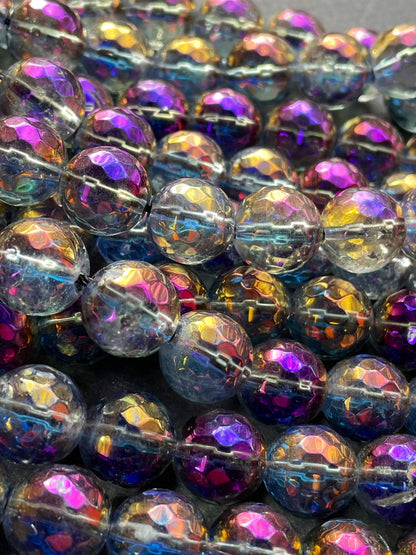 Rainbow Mystic Galaxy Quartz Crystal Gemstone Bead Faceted 6mm 8mm 10mm Round Bead, Gorgeous Purple Clear Rainbow Color Full Strand 15.5"