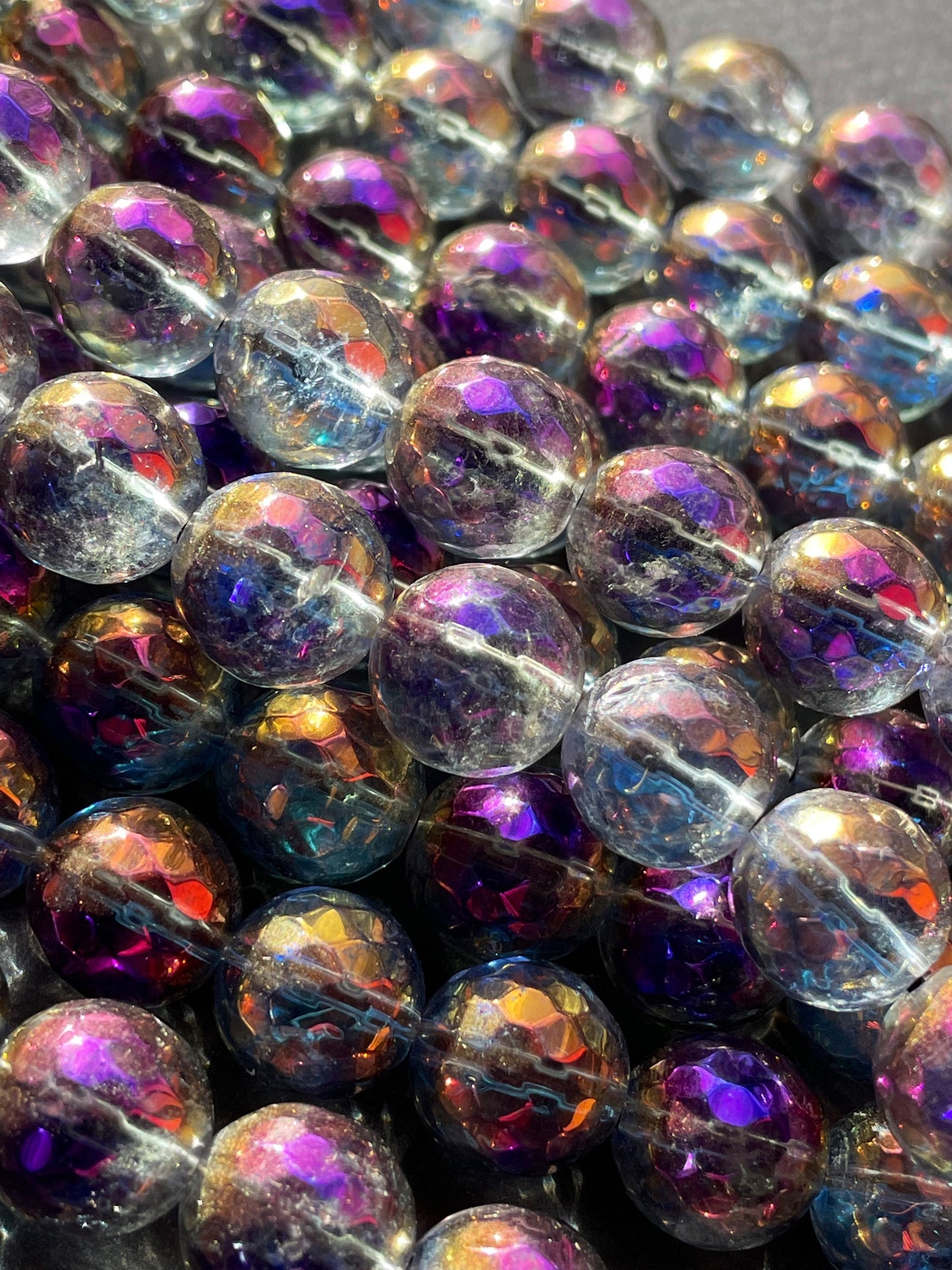 Rainbow Mystic Galaxy Quartz Crystal Gemstone Bead Faceted 6mm 8mm 10mm Round Bead, Gorgeous Purple Clear Rainbow Color Full Strand 15.5"