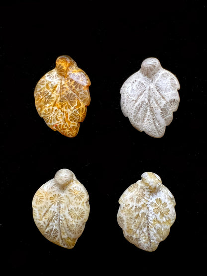 Natural Fossil Coral Pendant Hand Carved Leaf Shape 17x25mm Gorgeous Yellow Gray Color Handmade Earrings Loose Bead Loose Earring