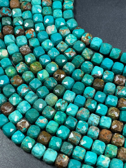 Natural Turquoise Gemstone Bead Faceted 7mm 8mm Cube Shape, Gorgeous Blue-Green Brown Color Turquoise Gemstone Bead