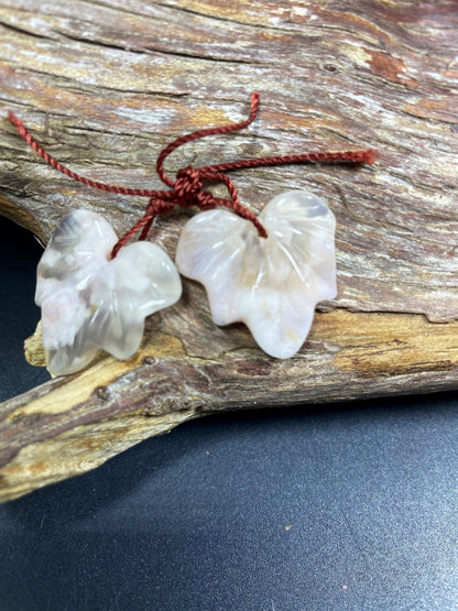 Hand Carved Natural Cherry Blossom Flower Agate Gemstone Earrings 22x25mm Maple Leaf Shape Earrings