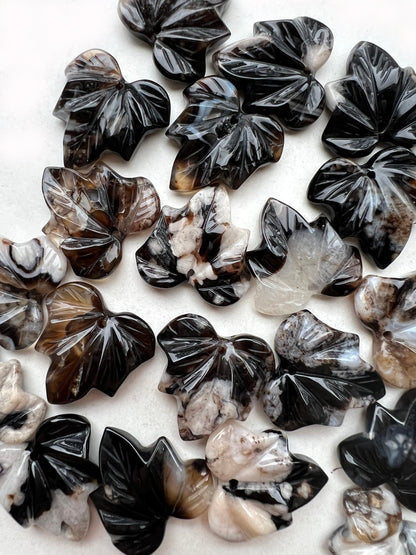 Natural Blossom Agate Hand Carved Maple Leaf Pendant 24mm Gorgeous Natural Black Brown White Color Handmade Earring Loose Bead Loose Agate