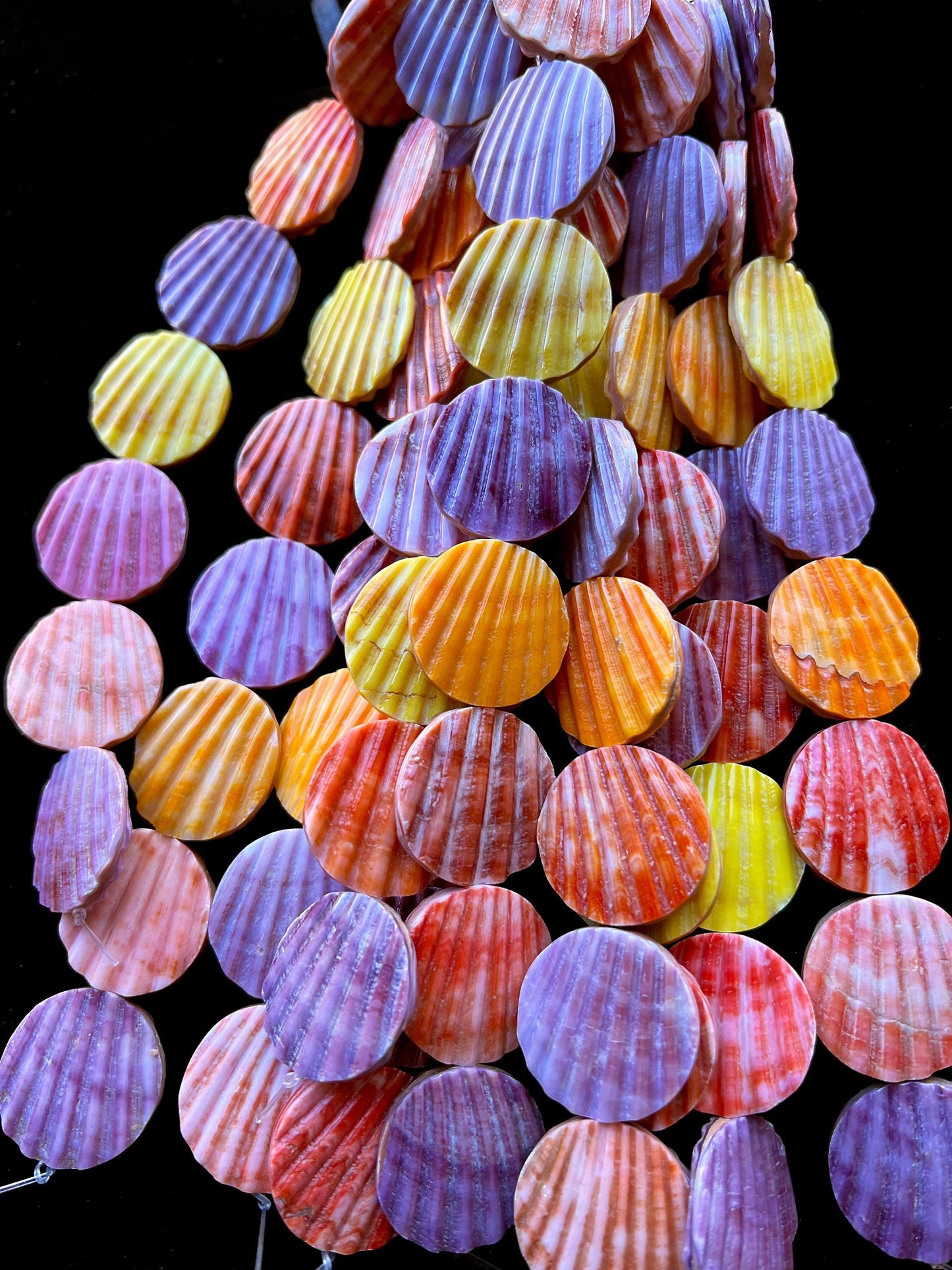 Natural Spiny Oyster Shell Bead Ribbed Coin Shape 20mm 25mm 30mm Gorgeous Colorful Beads Half Strand 7.5"