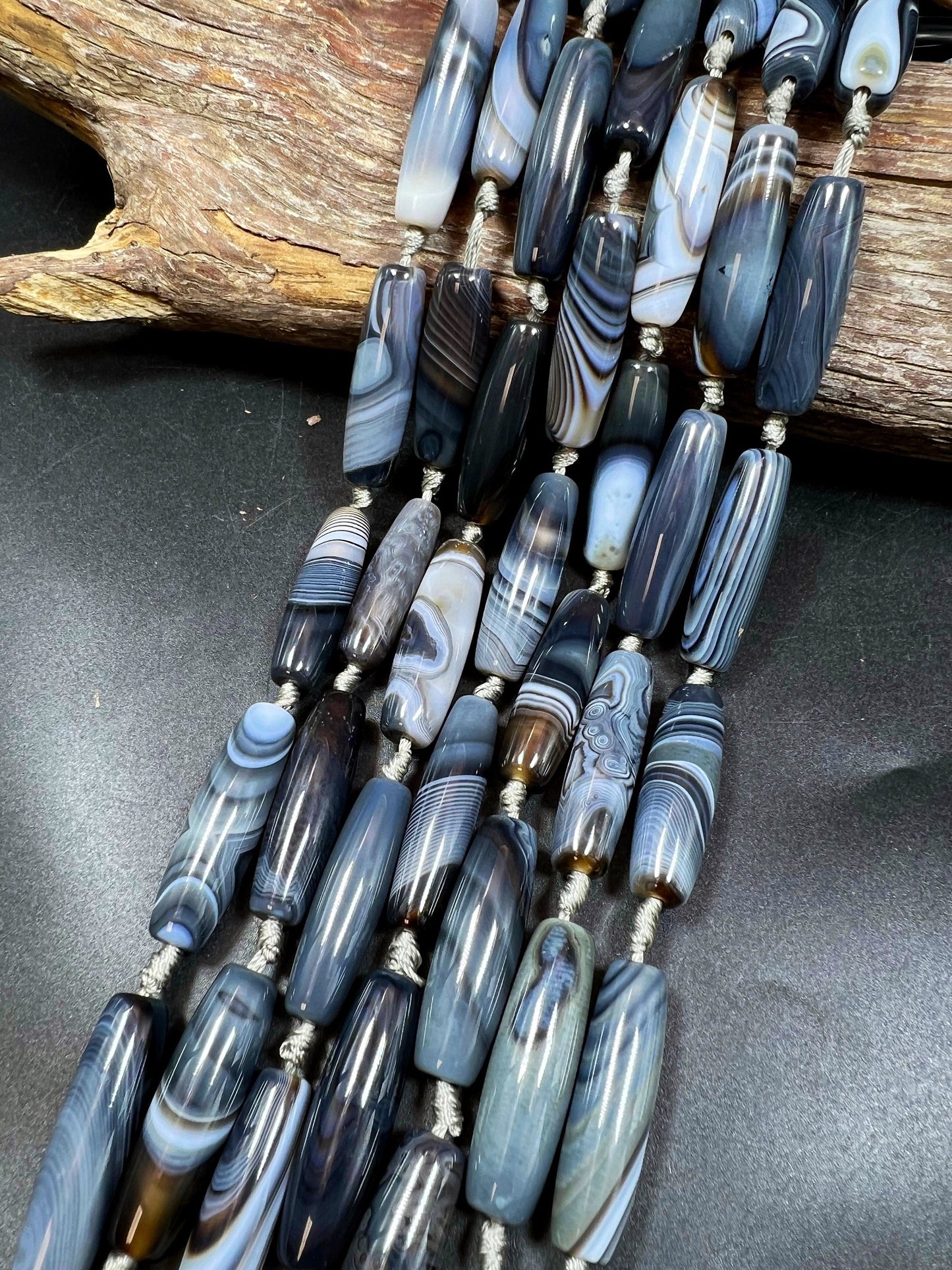 AAA Natural Botswana Agate Tube Shape Gorgeous Natural Black Gray Colors Full Strand 15.5"