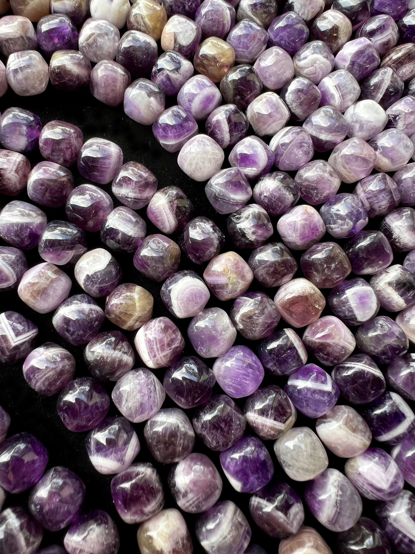 Natural Flower Banded Amethyst Stone Bead Rounded Cube 10mm Gorgeous Purple White Color Full 15.5"