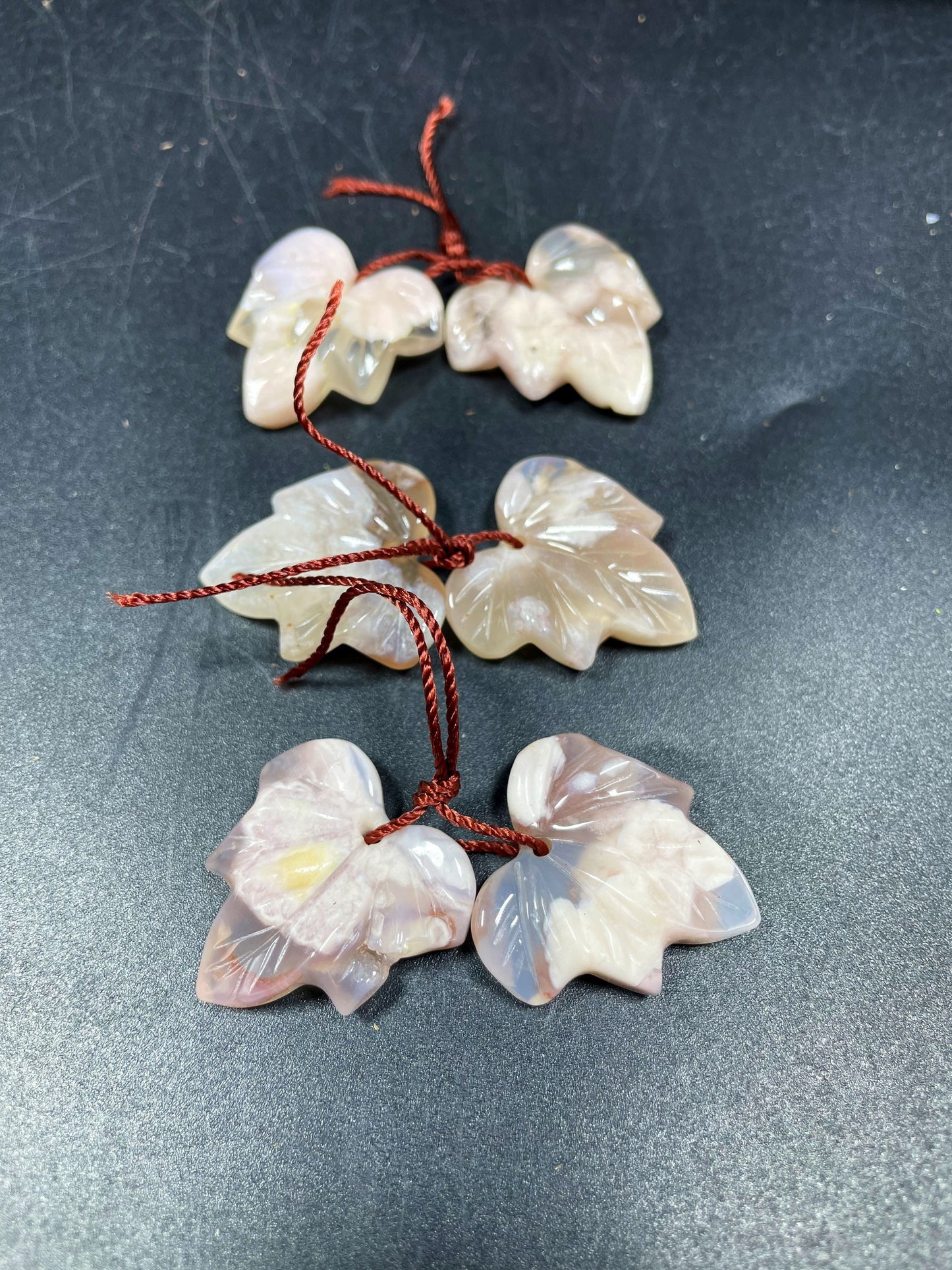 Hand Carved Natural Cherry Blossom Flower Agate Gemstone Earrings 22x25mm Maple Leaf Shape Earrings