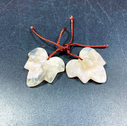 Hand Carved Natural Cherry Blossom Flower Agate Gemstone Earrings 22x25mm Maple Leaf Shape Earrings