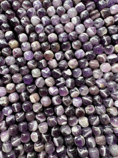 Natural Flower Banded Amethyst Stone Bead Rounded Cube 10mm Gorgeous Purple White Color Full 15.5"