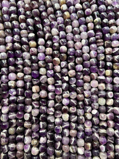 Natural Flower Banded Amethyst Stone Bead Rounded Cube 10mm Gorgeous Purple White Color Full 15.5"