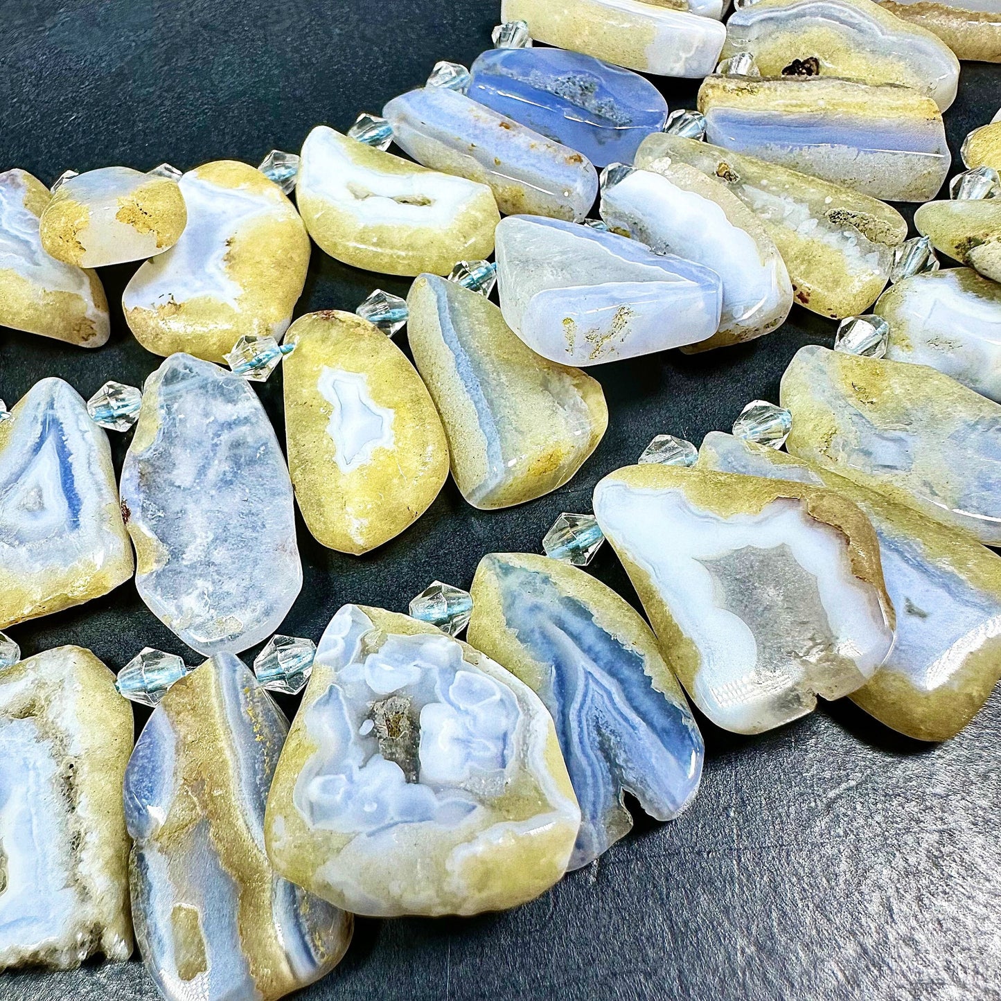 NATURAL Blue Lace Agate Gemstone 23x11 to 40x20mm Flat Freeform Shape Bead. Beautiful Blue White Color Loose Beads. Full Strand 15.5"