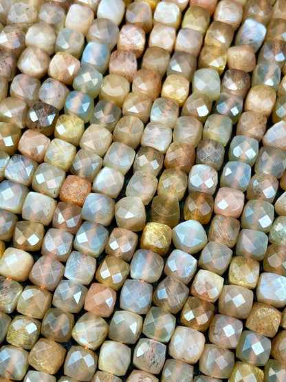 AAA Natural moonstone bead. Faceted 5mm faceted cube shape bead. Gorgeous natural multi color moonstone. High quality, Full strand 15.5"