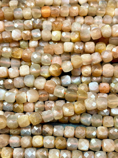 AAA Natural moonstone bead. Faceted 5mm faceted cube shape bead. Gorgeous natural multi color moonstone. High quality, Full strand 15.5"
