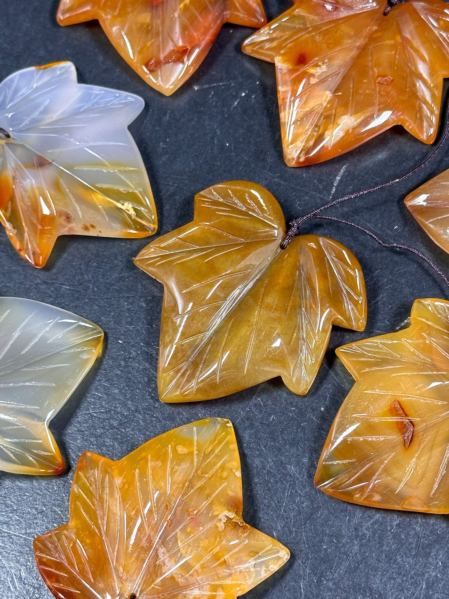 Beautiful Natural Hand Carved Botswana Gemstone Pendant 55mm Maple Leaf Shape Pendant, Gorgeous Orange Color Botswana Pendant