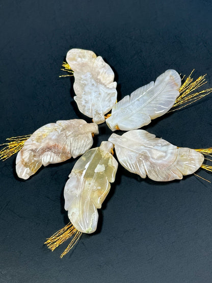 NATURAL Beautiful Hand Carved Blossom Flower Agate Gemstone Pendant 51x24mm Feather Shape, Gorgeous Beige Color Agate Loose Pendant Bead