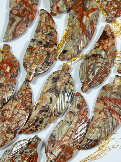 NATURAL Hand Carved Mushroom Jasper Gemstone Pendant 60x23mm Feather Shape, Beautiful Red Orange Color Mushroom Jasper Feather Loose Pendant