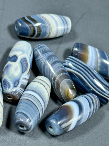 AAA NATURAL Botswana Agate Gemstone Bead Barrel/Tube Shape Bead, Gorgeous Gray/Grayish Blue White Color Botswana Agate LOOSE Beads