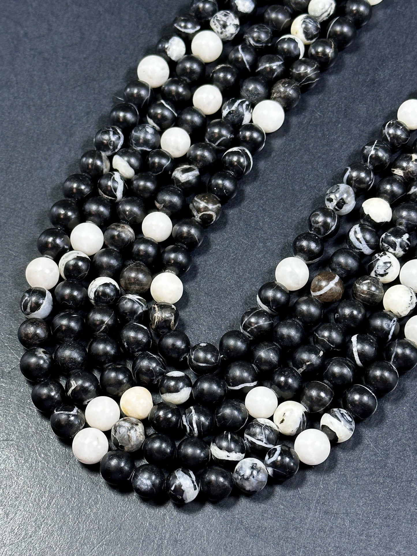 Natural Black White Agate Gemstone Bead 6mm 8mm 10mm Round Beads, Beautiful Black White Color Agate Gemstone Full Strand 15.5"