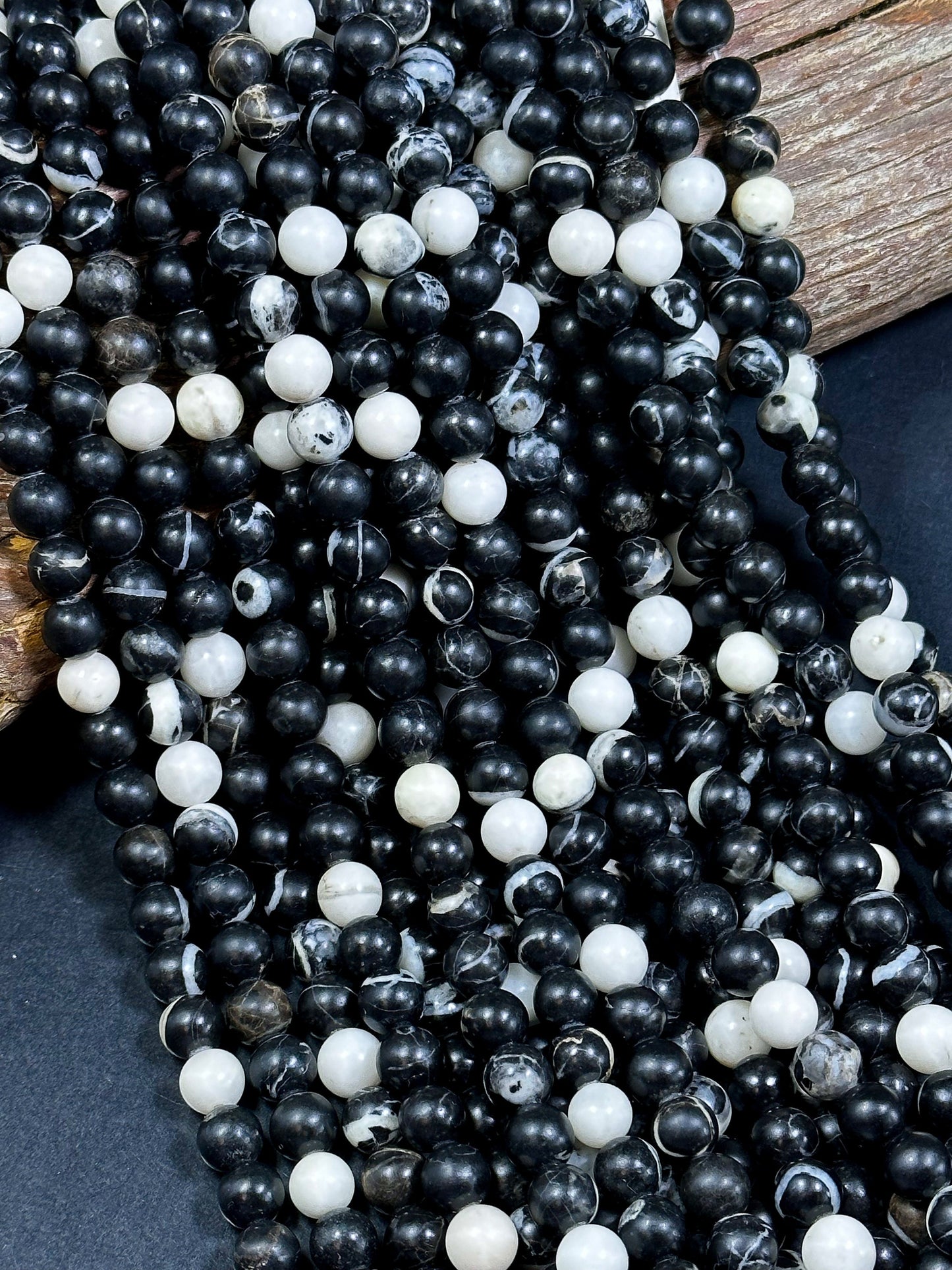 Natural Black White Agate Gemstone Bead 6mm 8mm 10mm Round Beads, Beautiful Black White Color Agate Gemstone Full Strand 15.5"