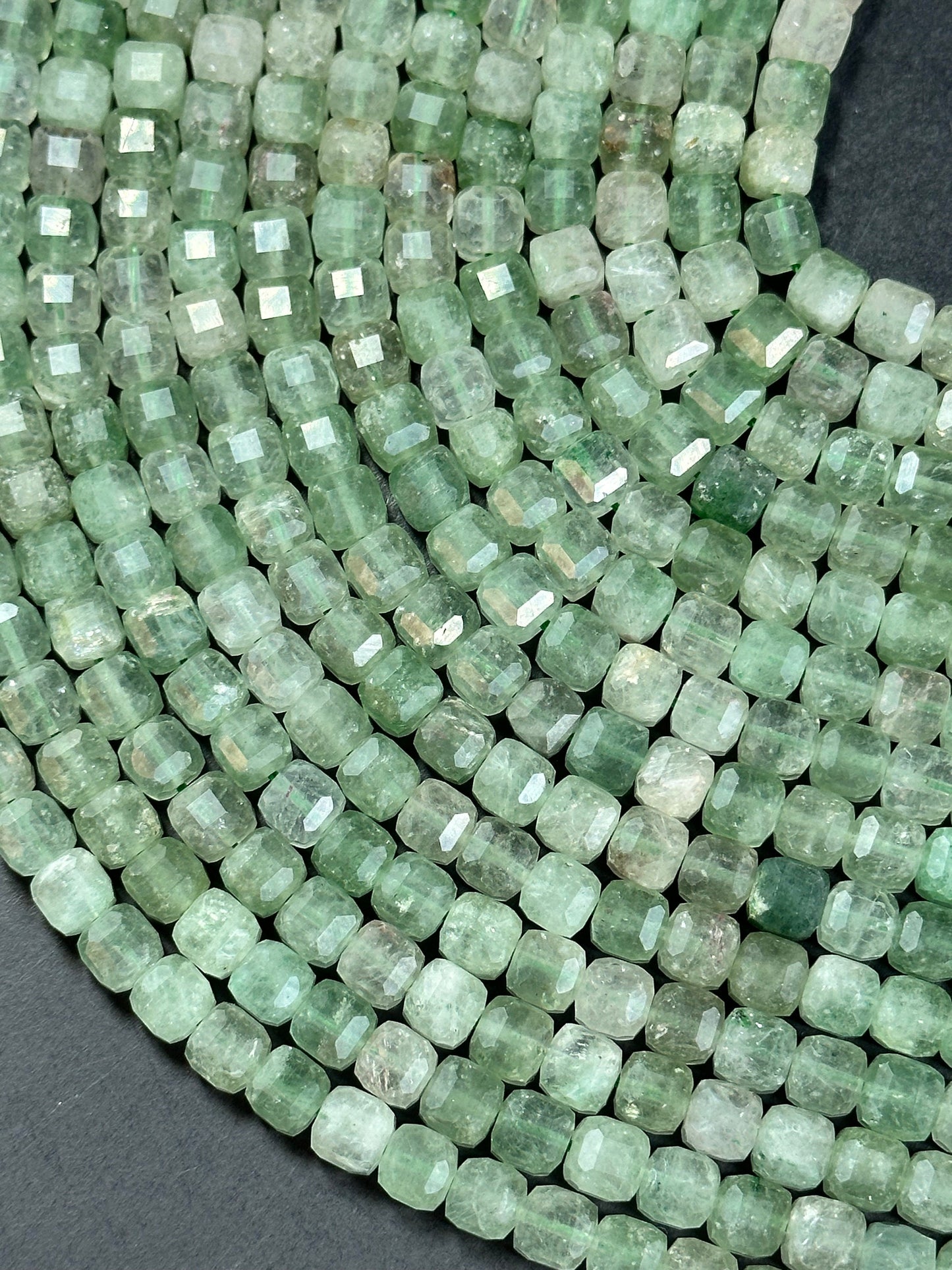 NATURAL Green Strawberry Quartz Gemstone Bead Faceted 6mm Cube Shape Bead, Beautiful Green Color Strawberry Quartz Bead. Full Strand 15.5"