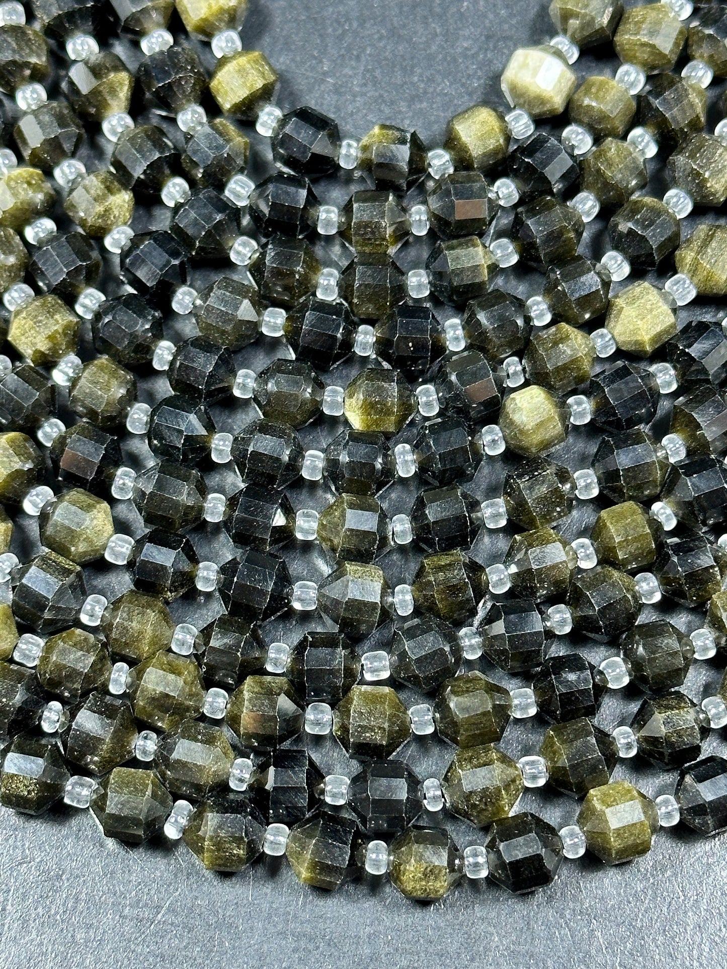 NATURAL Obsidian Gemstone Bead Faceted 8mm Diamond Cut Bead, Beautiful Black Green Color Obsidian Gemstone Bead Full Strand 15.5"