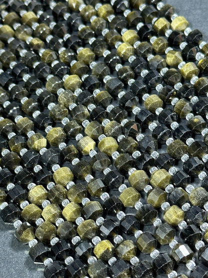 NATURAL Obsidian Gemstone Bead Faceted 8mm Diamond Cut Bead, Beautiful Black Green Color Obsidian Gemstone Bead Full Strand 15.5"