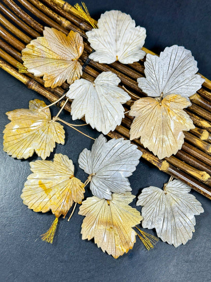 Beautiful Natural Hand Carved Fossil Coral Gemstone Pendant 58mm Maple Leaf Shape, Beautiful Natural Gray Beige Yellow Color Loose Pendant