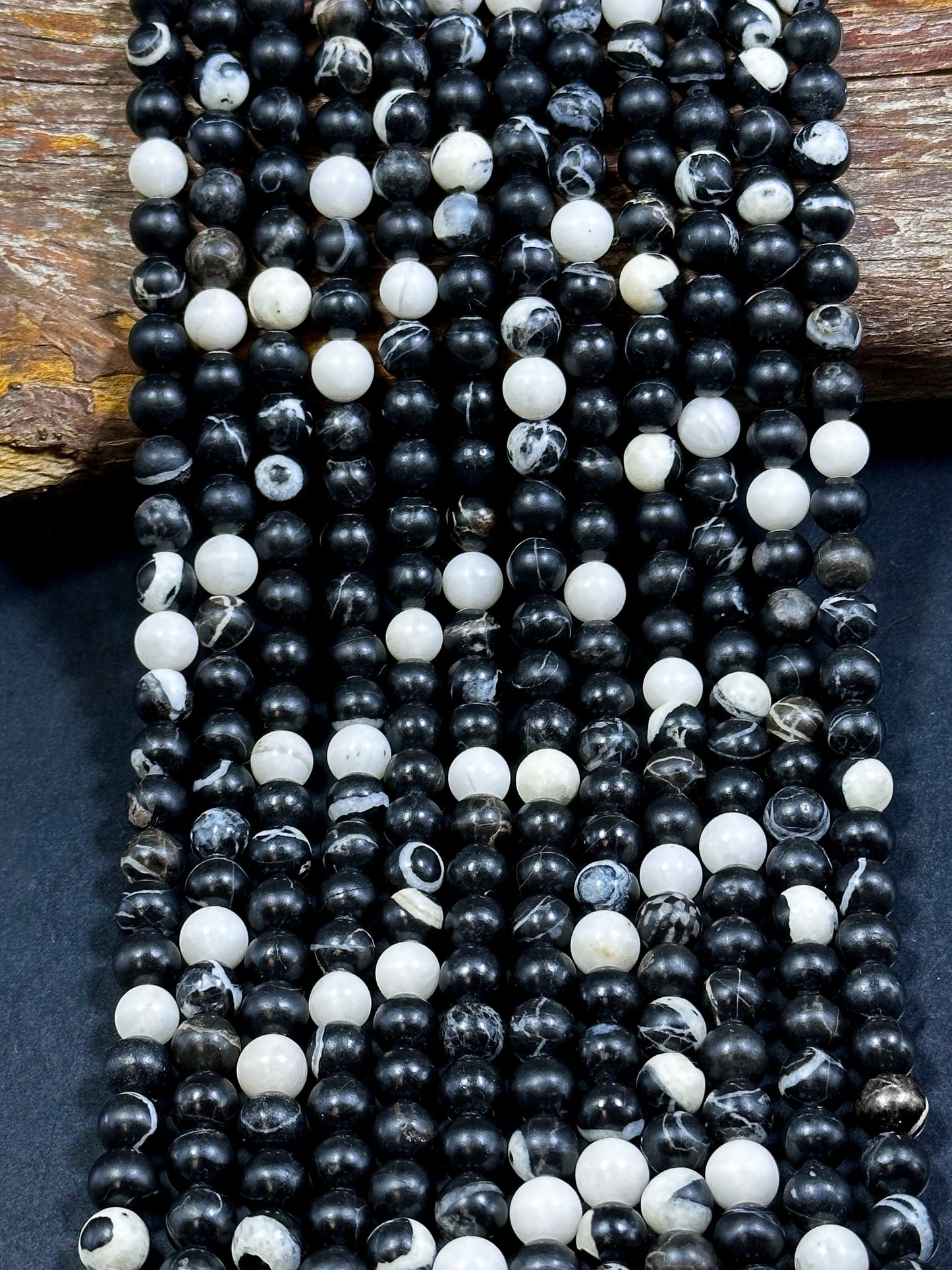 Natural Black White Agate Gemstone Bead 6mm 8mm 10mm Round Beads, Beautiful Black White Color Agate Gemstone Full Strand 15.5"