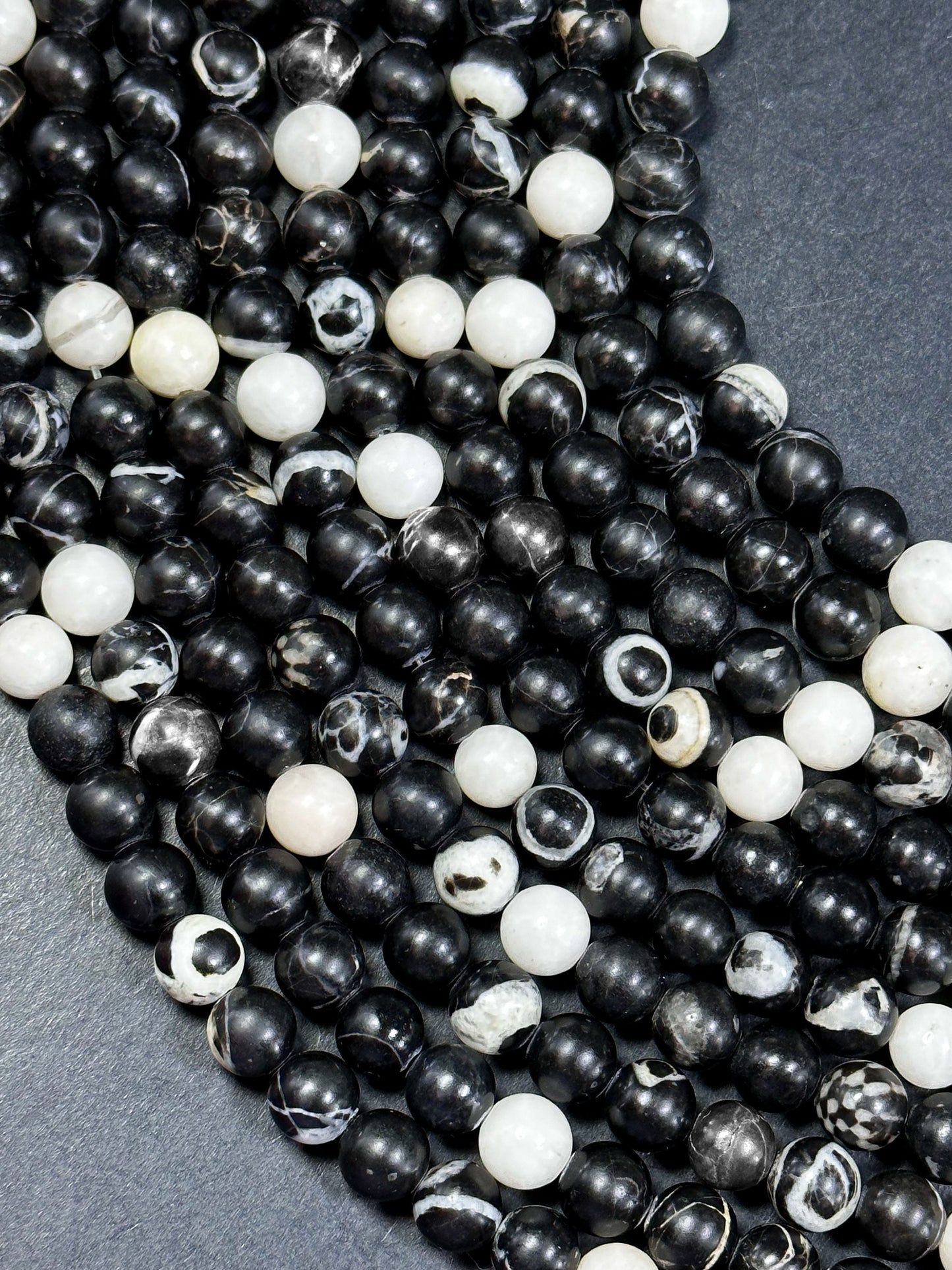 Natural Black White Agate Gemstone Bead 6mm 8mm 10mm Round Beads, Beautiful Black White Color Agate Gemstone Full Strand 15.5"