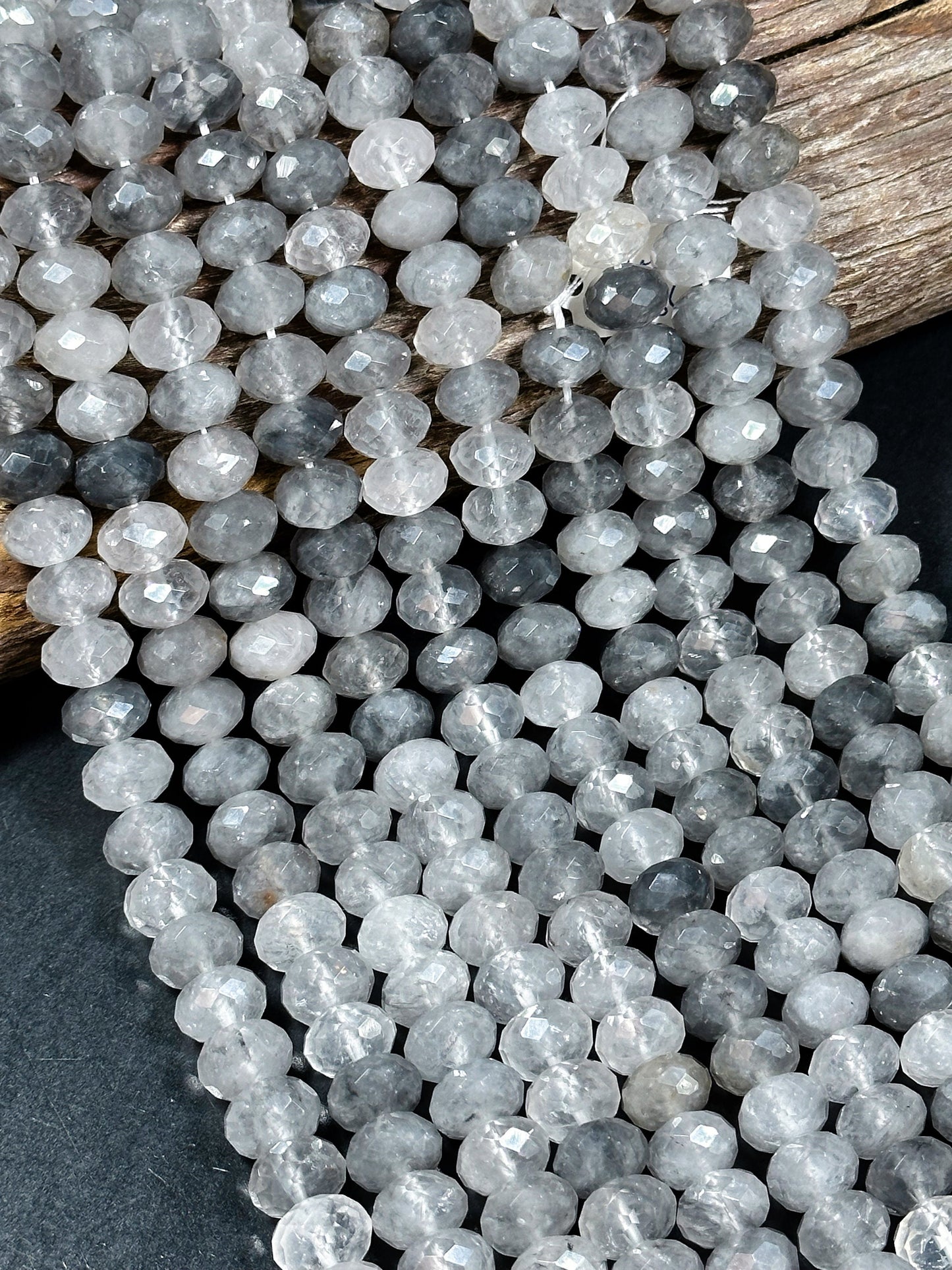 NATURAL Rutilated Quartz Gemstone Bead Faceted 11x8mm Rondelle Shape, Beautiful Gray Clear Color Quartz Gemstone Bead Full Strand 15.5"