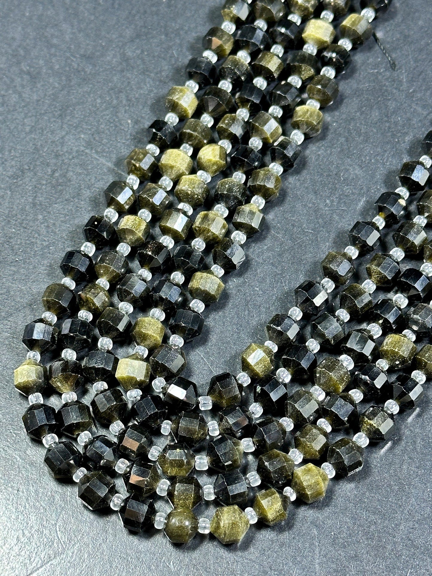 NATURAL Obsidian Gemstone Bead Faceted 8mm Diamond Cut Bead, Beautiful Black Green Color Obsidian Gemstone Bead Full Strand 15.5"