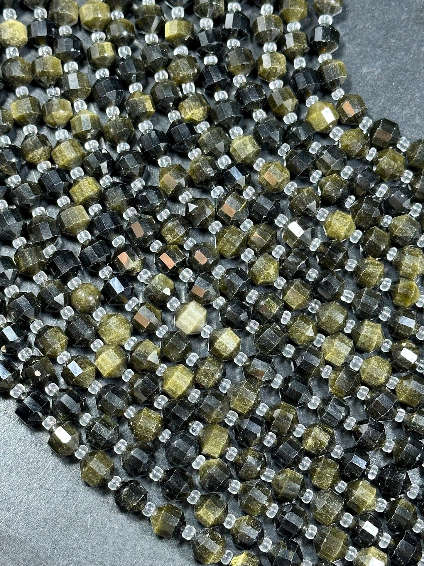 NATURAL Obsidian Gemstone Bead Faceted 8mm Diamond Cut Bead, Beautiful Black Green Color Obsidian Gemstone Bead Full Strand 15.5"